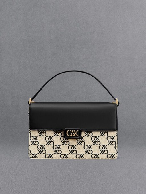 C&K Leather & Canvas Monogram Shoulder Bag - Black