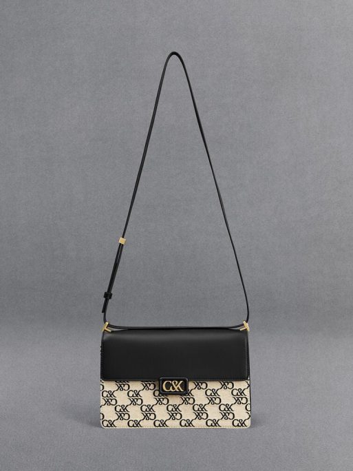 C&K Leather & Canvas Monogram Shoulder Bag - Black - Image 4
