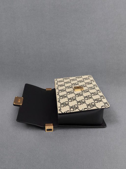 C&K Leather & Canvas Monogram Shoulder Bag - Black - Image 6