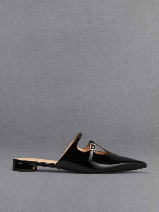C&K Leather T-Bar Double-Strap Mules - Black Box