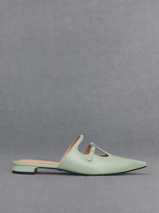 C&K Leather T-Bar Double-Strap Mules - Mint Green