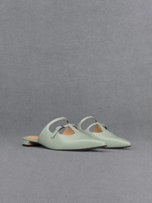 C&K Leather T-Bar Double-Strap Mules - Mint Green - Image 3