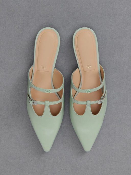 C&K Leather T-Bar Double-Strap Mules - Mint Green - Image 6
