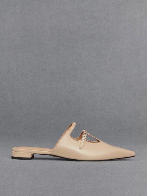 C&K Leather T-Bar Double-Strap Mules - Beige
