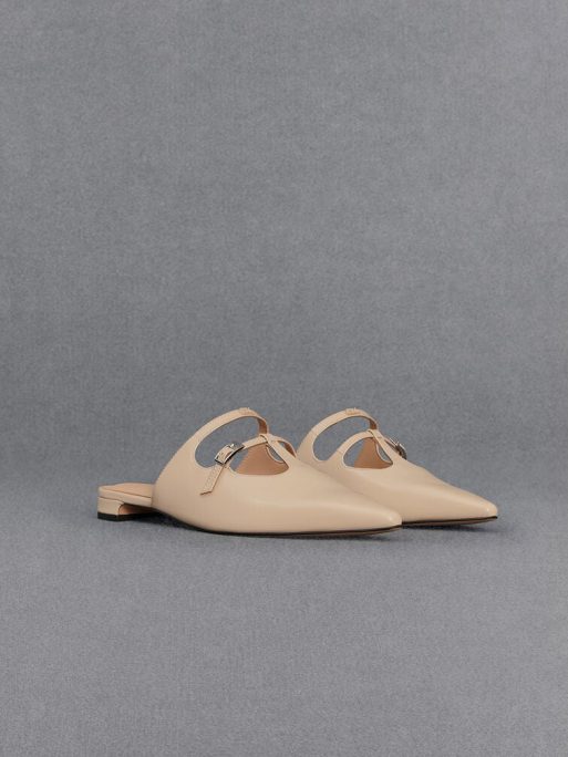 C&K Leather T-Bar Double-Strap Mules - Beige - Image 3