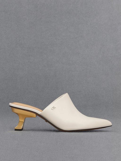 C&K Leather Sculptural-Heel Mules - Chalk