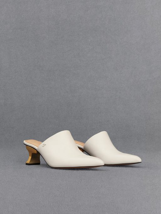 C&K Leather Sculptural-Heel Mules - Chalk - Image 3