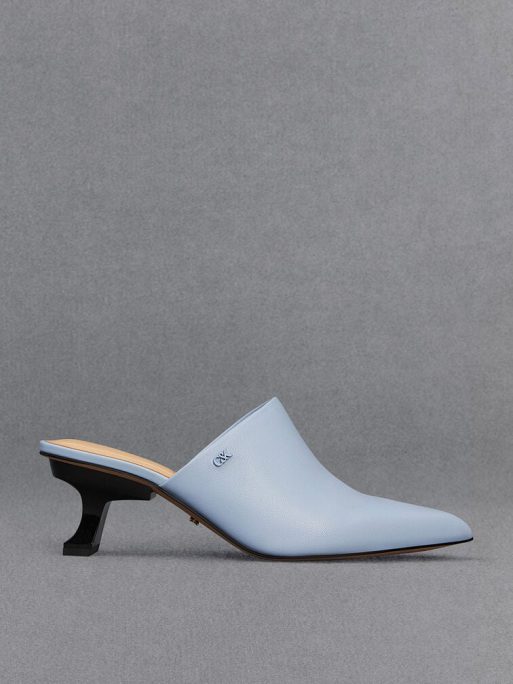 C&K Leather Sculptural-Heel Mules - Light Blue