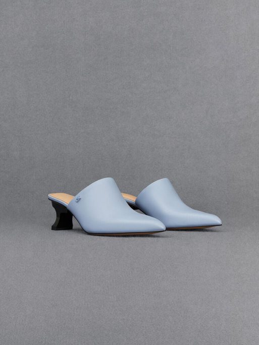 C&K Leather Sculptural-Heel Mules - Light Blue - Image 3