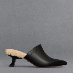 C&K Leather Fur-Trim Sculptural-Heel Mules - Black