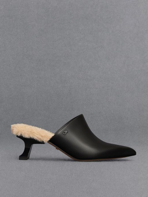 C&K Leather Fur-Trim Sculptural-Heel Mules - Black