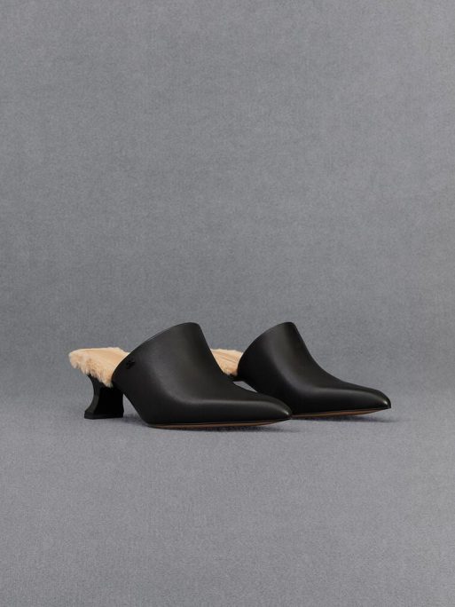 C&K Leather Fur-Trim Sculptural-Heel Mules - Black - Image 3