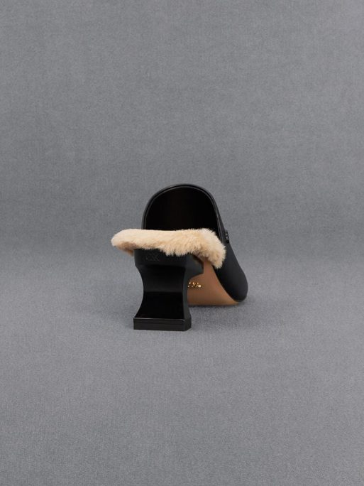 C&K Leather Fur-Trim Sculptural-Heel Mules - Black - Image 4