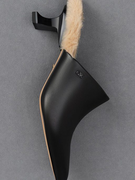 C&K Leather Fur-Trim Sculptural-Heel Mules - Black - Image 5