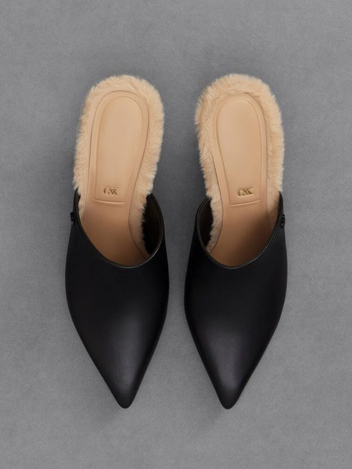 C&K Leather Fur-Trim Sculptural-Heel Mules - Black - Image 6