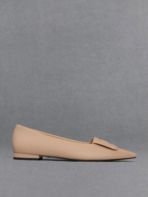 C&K Leather Pointed-Toe Flats - Nude