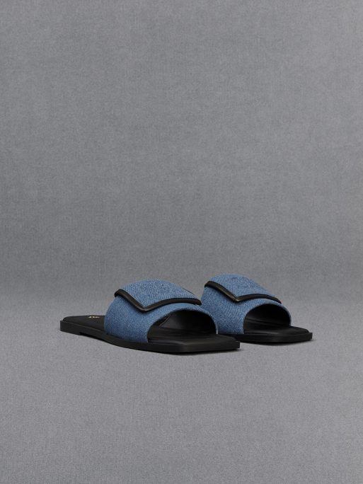 C&K Leather & Denim Slide Sandals - Blue - Image 3
