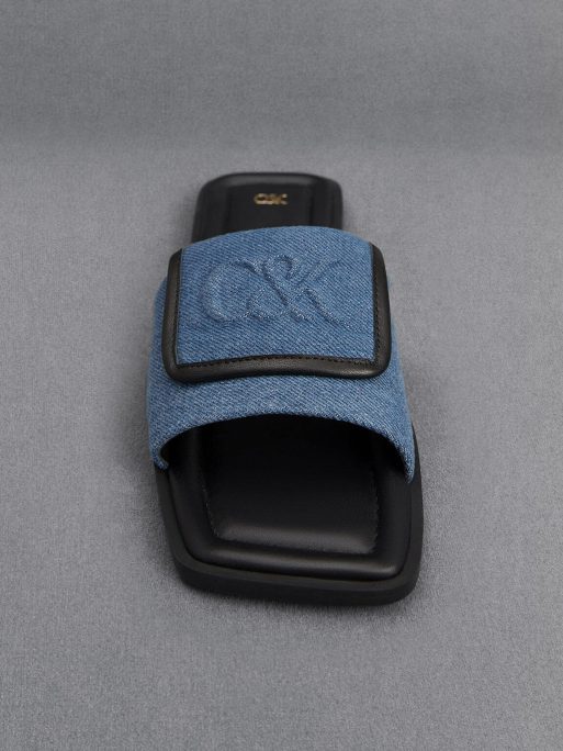 C&K Leather & Denim Slide Sandals - Blue - Image 5