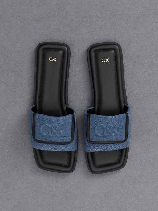 C&K Leather & Denim Slide Sandals - Blue - Image 6