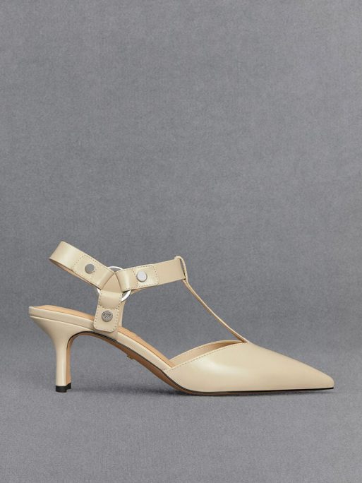 C&K Leather Buckled T-Bar Pumps - Chalk
