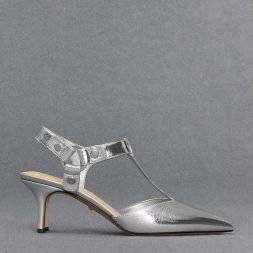 C&K Leather Metallic Buckled T-Bar Pumps - Silver