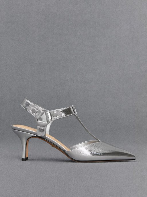 C&K Leather Metallic Buckled T-Bar Pumps - Silver