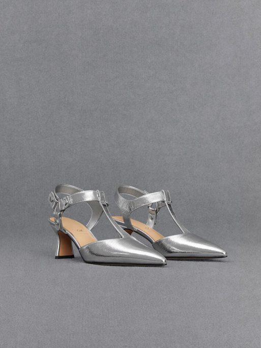 C&K Leather Metallic Buckled T-Bar Pumps - Silver - Image 3