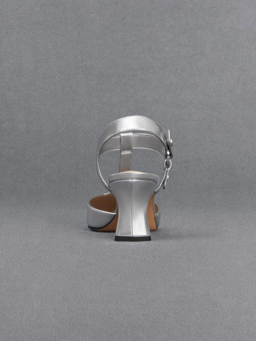 C&K Leather Metallic Buckled T-Bar Pumps - Silver - Image 4