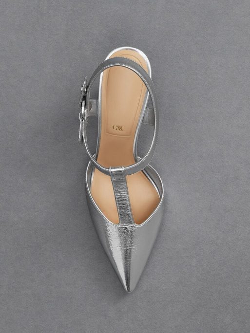 C&K Leather Metallic Buckled T-Bar Pumps - Silver - Image 6