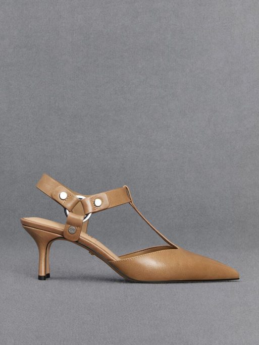 C&K Leather Buckled T-Bar Pumps - Taupe