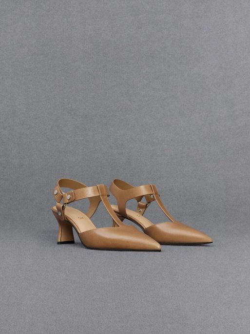 C&K Leather Buckled T-Bar Pumps - Taupe - Image 3