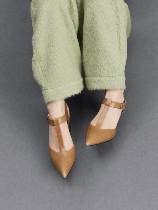 C&K Leather Buckled T-Bar Pumps - Taupe - Image 4