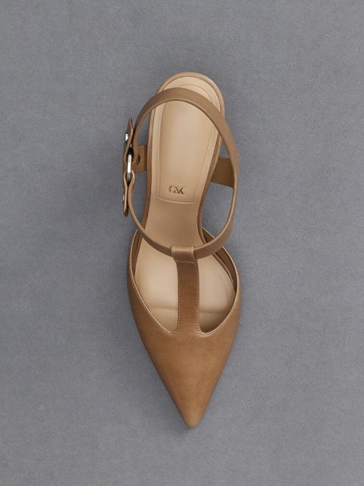 C&K Leather Buckled T-Bar Pumps - Taupe - Image 7