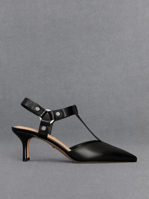 C&K Leather Buckled T-Bar Pumps - Black