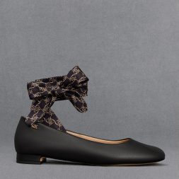 C&K Leather Monogram Tie-Around Ballet Flats - Black