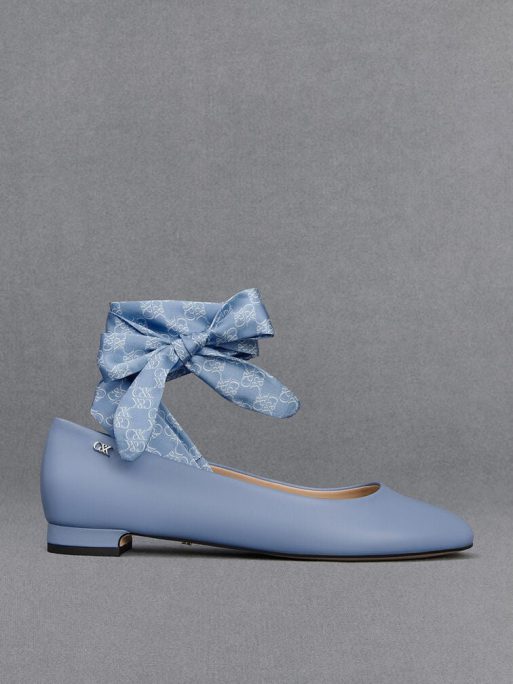 C&K Leather Monogram Tie-Around Ballet Flats - Light Blue