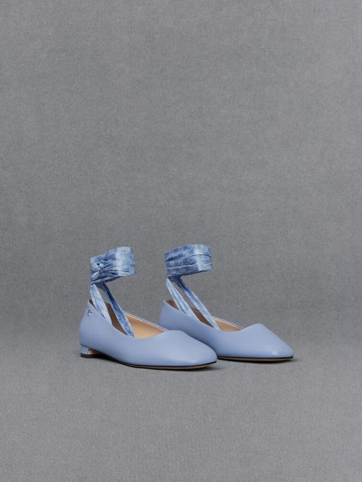 C&K Leather Monogram Tie-Around Ballet Flats - Light Blue - Image 3