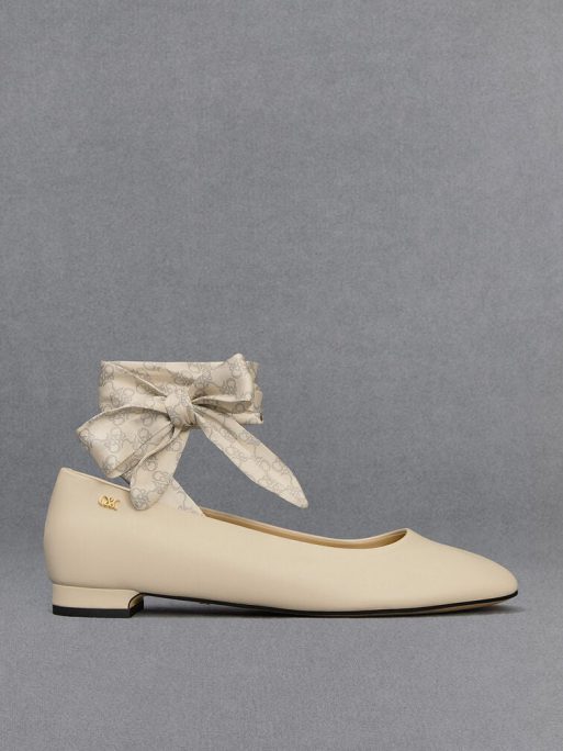 C&K Leather Monogram Tie-Around Ballet Flats - Chalk