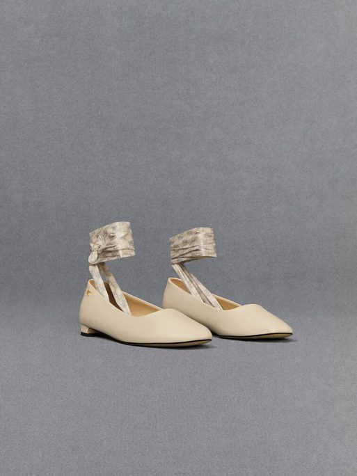 C&K Leather Monogram Tie-Around Ballet Flats - Chalk - Image 3