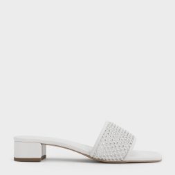 C&K Satin Crystal-Embellished Heeled Mules - White