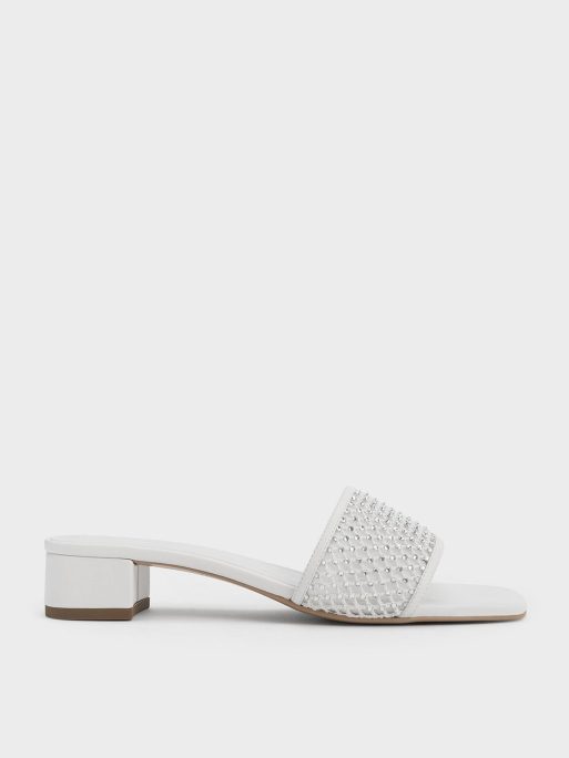 C&K Satin Crystal-Embellished Heeled Mules - White