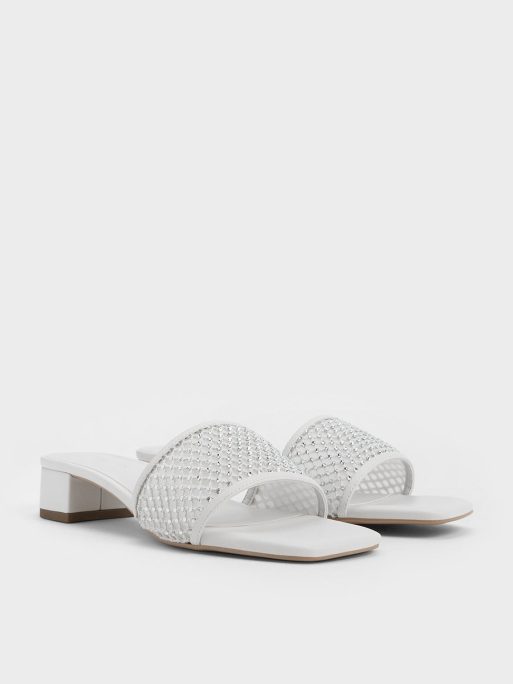 C&K Satin Crystal-Embellished Heeled Mules - White - Image 2