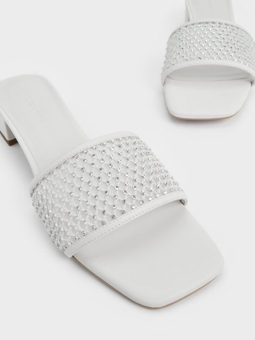 C&K Satin Crystal-Embellished Heeled Mules - White - Image 4