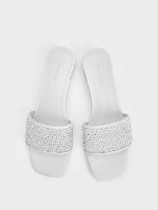C&K Satin Crystal-Embellished Heeled Mules - White - Image 5