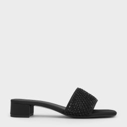C&K Mesh Crystal-Embellished Heeled Mules - Black Textured