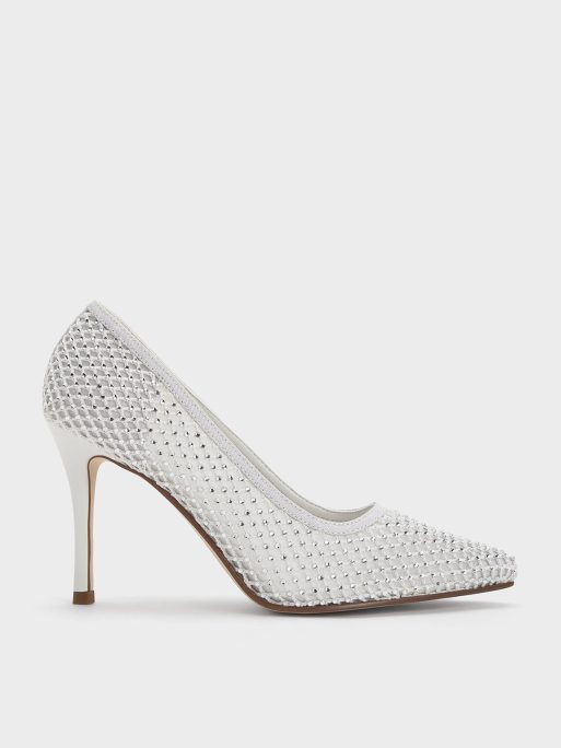 C&K Mesh Crystal-Embellished Pointed-Toe Pumps - White