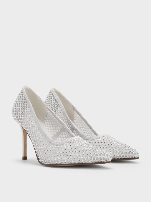 C&K Mesh Crystal-Embellished Pointed-Toe Pumps - White - Image 2