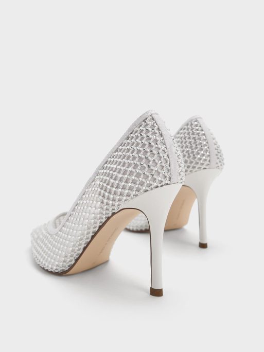 C&K Mesh Crystal-Embellished Pointed-Toe Pumps - White - Image 3