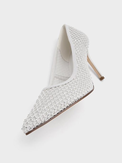 C&K Mesh Crystal-Embellished Pointed-Toe Pumps - White - Image 4