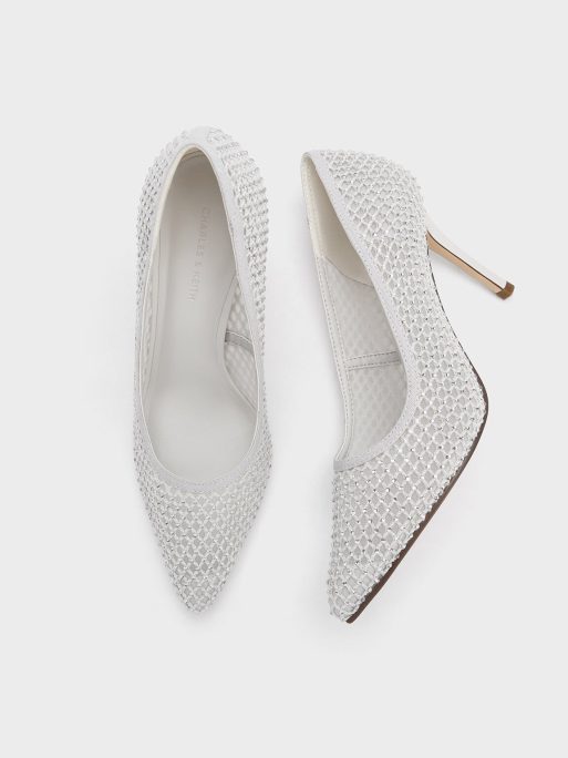 C&K Mesh Crystal-Embellished Pointed-Toe Pumps - White - Image 5